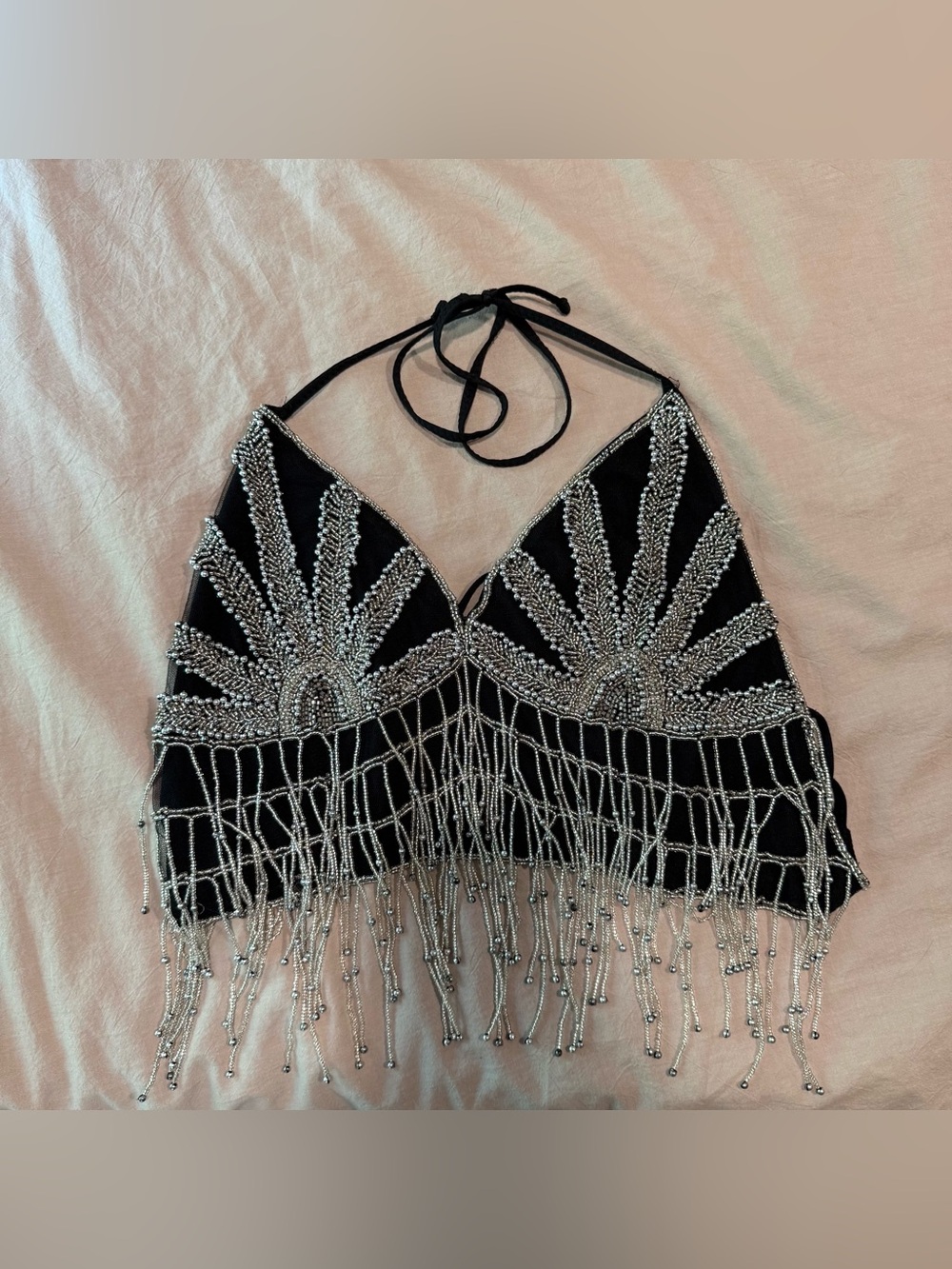 Black Beaded Fringe Halter Crop Top Festival Boho Country Convert